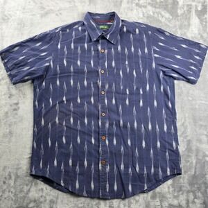 Orvis Button Down Shirt Mens L Blue Ikat Print Short Sleeve 100% Cotton Pocket